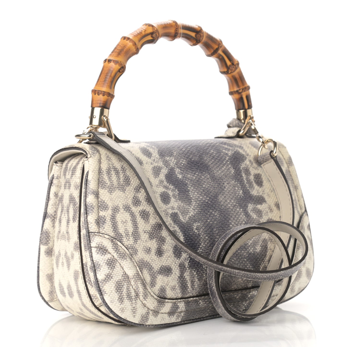Calfskin Lizard Embossed Medium New Bamboo Top Handle Bag Grey