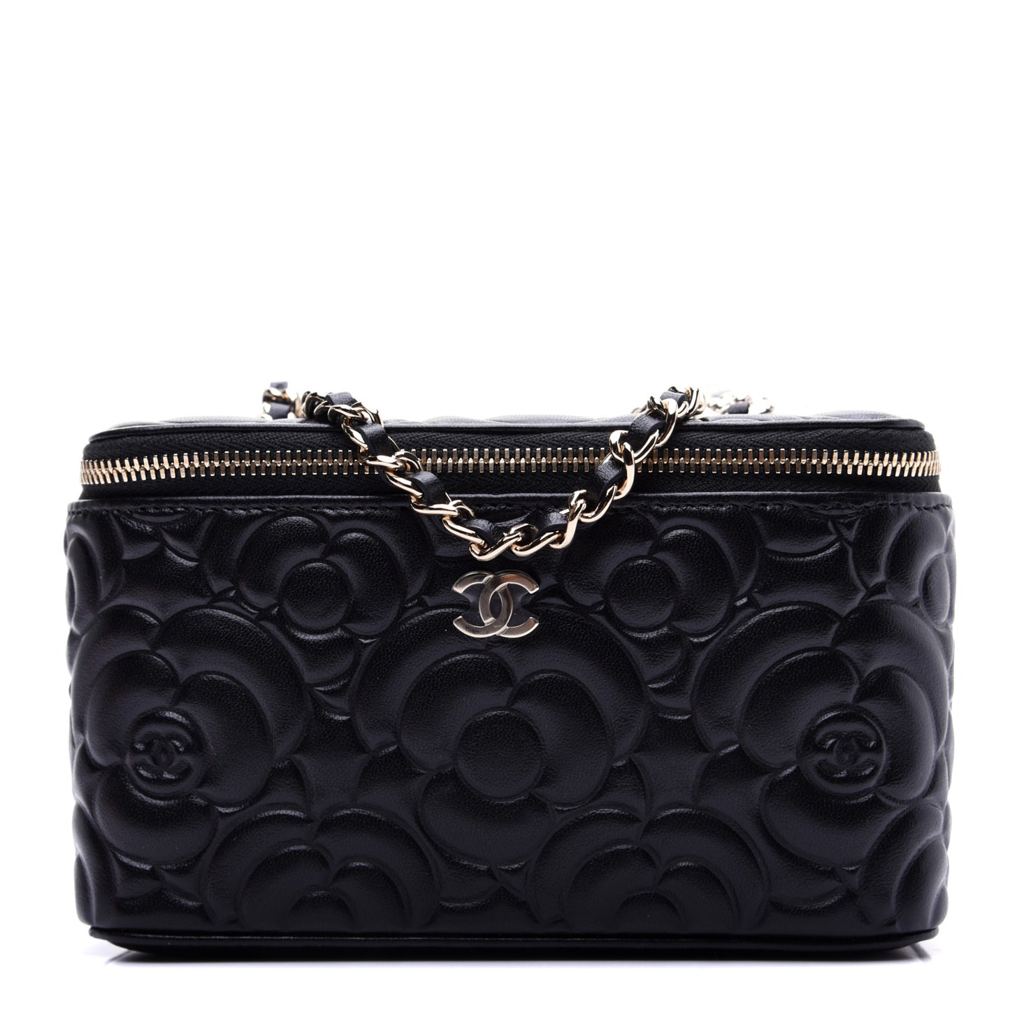 Lambskin Camellia Embossed Small Vanity Case With Chain Black