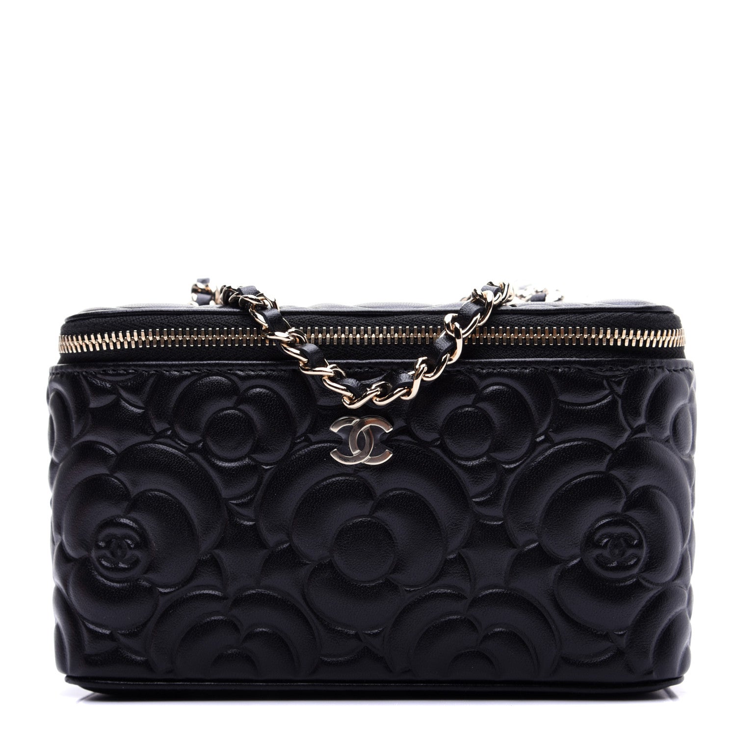 Chanel Lambskin Camellia Embossed Small Vanity Case With Chain Black 1 of 14