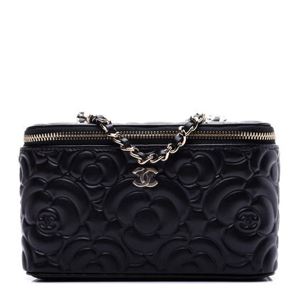 Chanel Lambskin Camellia Embossed Small Vanity Case With Chain Black 1 of 14