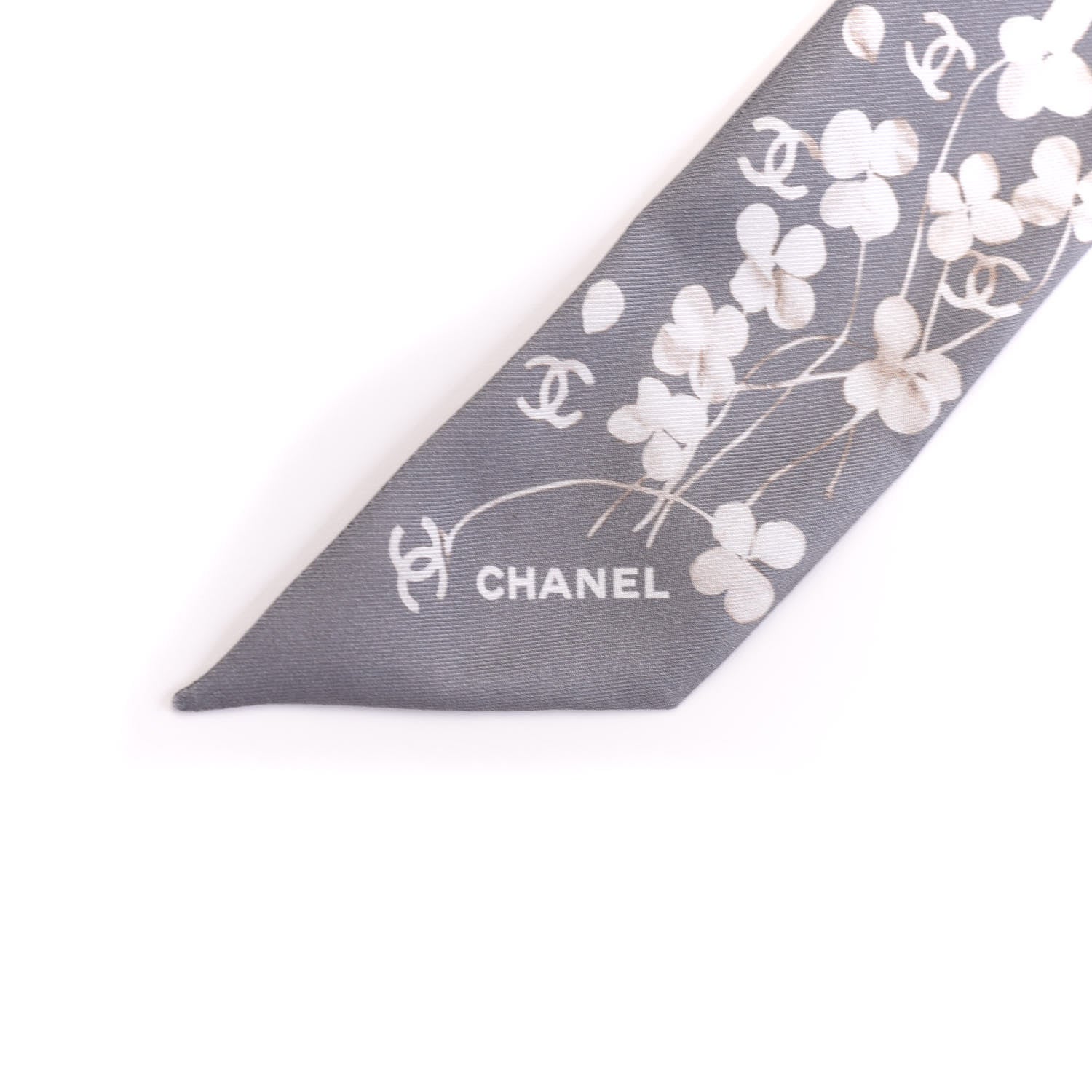 Chanel Silk CC Slim Bandeau Scarf Gray Ecru 3 of 3