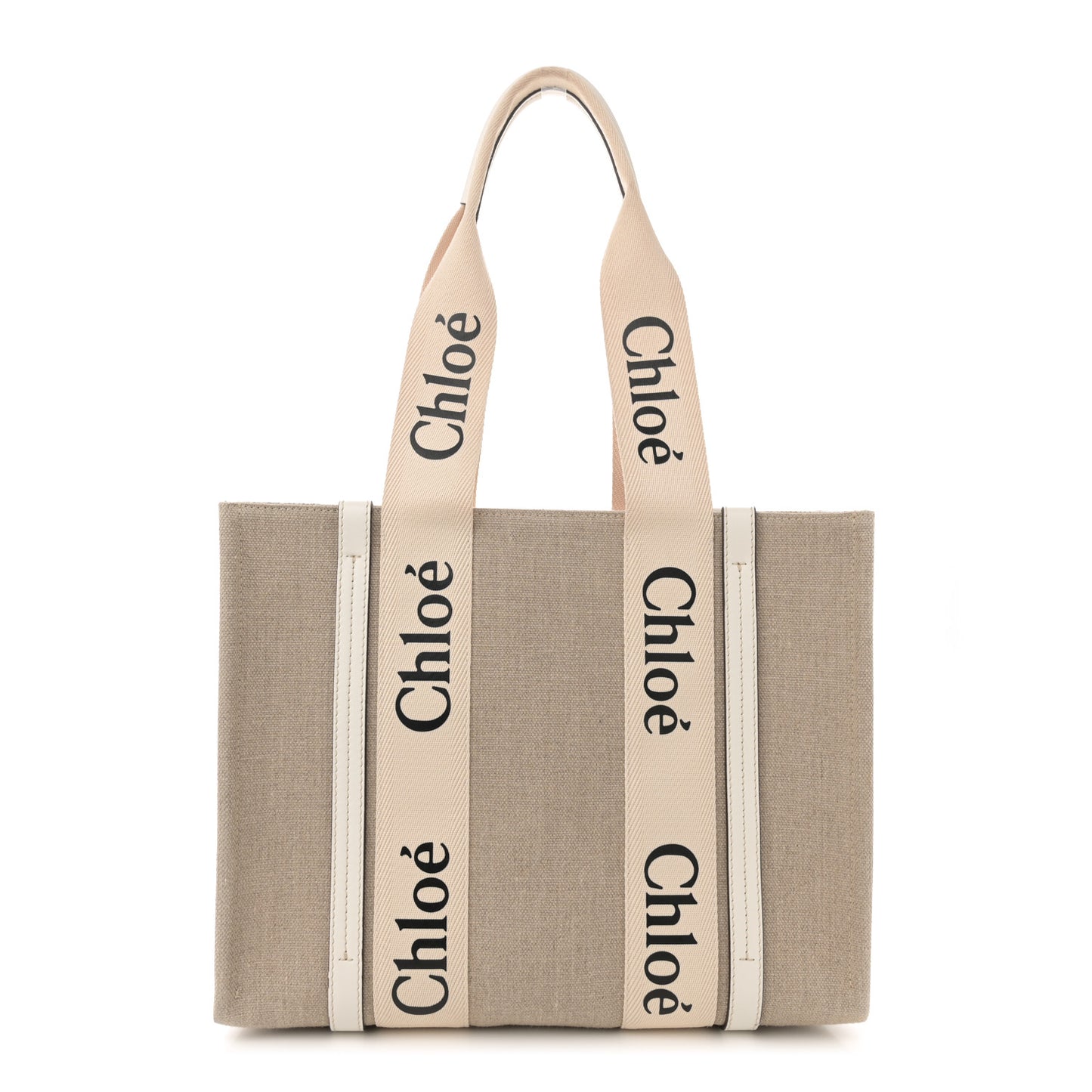 Linen Calfskin Medium Woody Ribbon Tote White