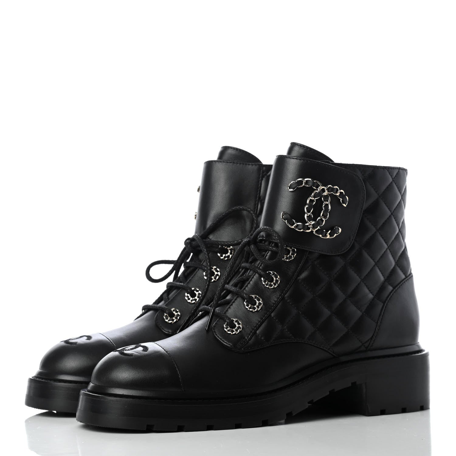 Chanel Shiny Lambskin Quilted Lace Up Combat Boots 38.5 Black 5 of 22