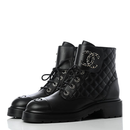 Chanel Shiny Lambskin Quilted Lace Up Combat Boots 38.5 Black 5 of 22