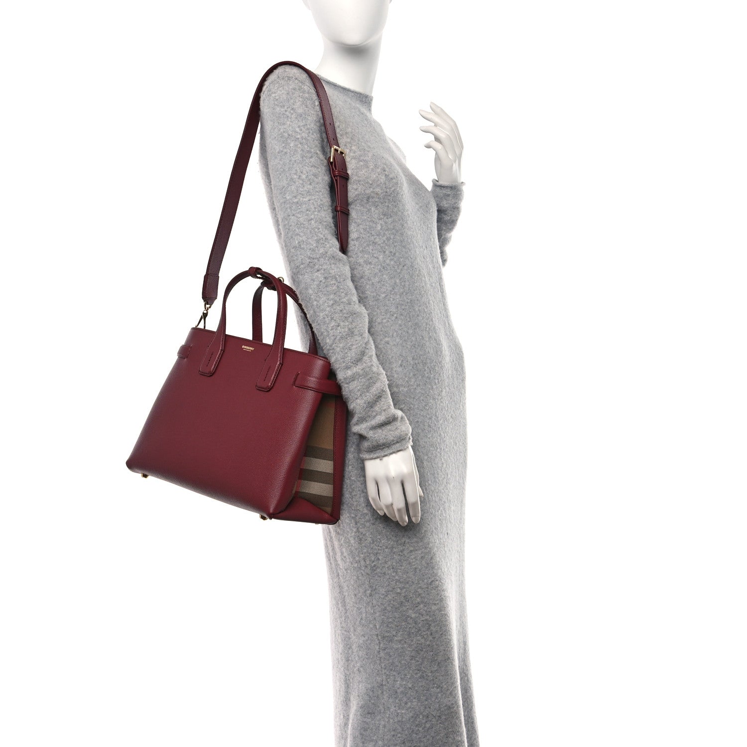 Burberry Grainy Calfskin House Check Medium Banner Tote Mahogany Red 2 of 10