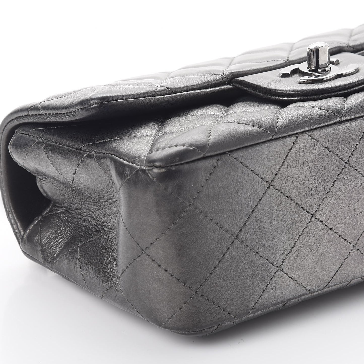 Metallic Lambskin Quilted Mini Rectangular Flap Dark Grey