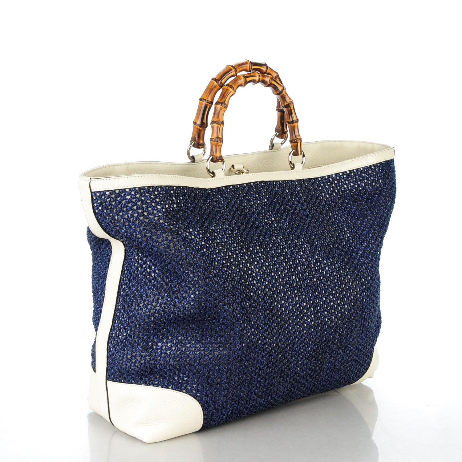 Gucci Straw Calfskin Bamboo Shopper Tote Uniform Blue 3 of 7