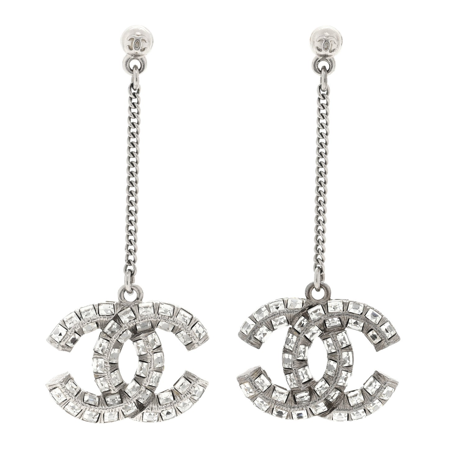 Baguette Crystal CC Drop Earrings Silver
