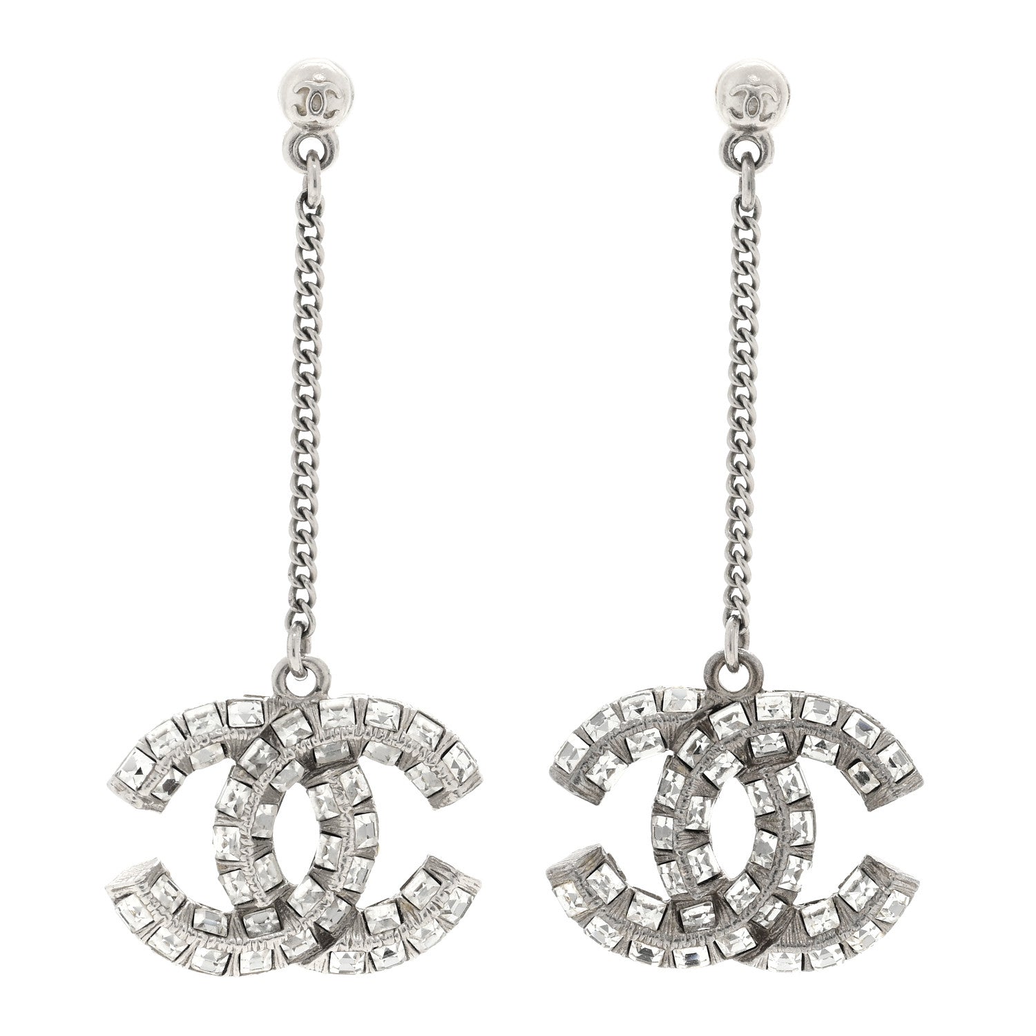 Chanel Baguette Crystal CC Drop Earrings Silver 1 of 3