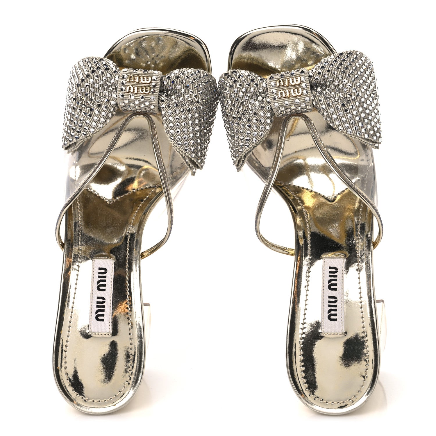 Miu Miu Metallic Calfskin Crystal Bow Sandals 35 Pirite 2 of 8