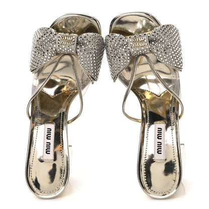 Miu Miu Metallic Calfskin Crystal Bow Sandals 35 Pirite 2 of 8