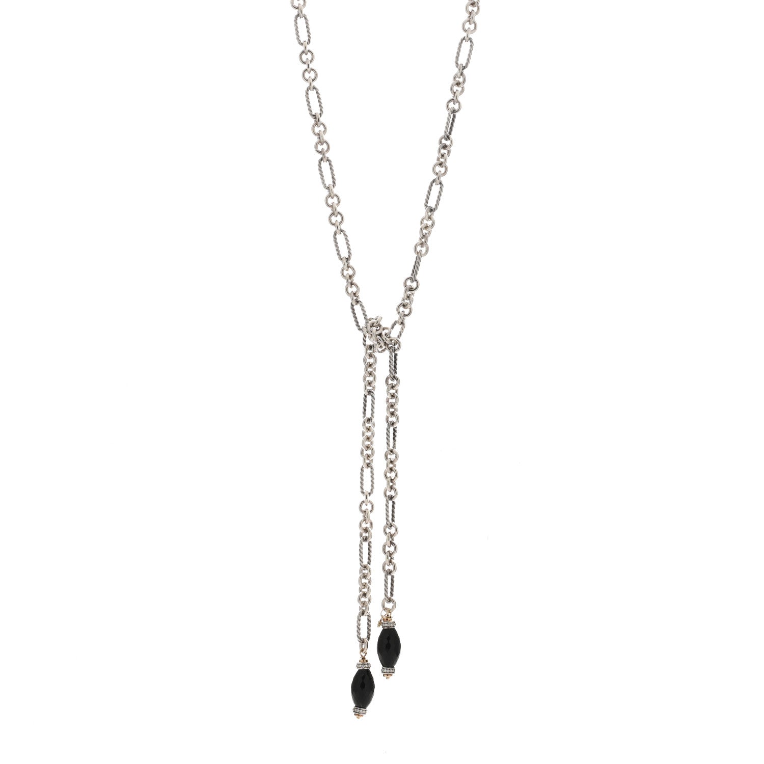 David Yurman Sterling Silver 18K Yellow Gold Diamond Black Onyx Figaro Chain Wrap Necklace 1 of 3
