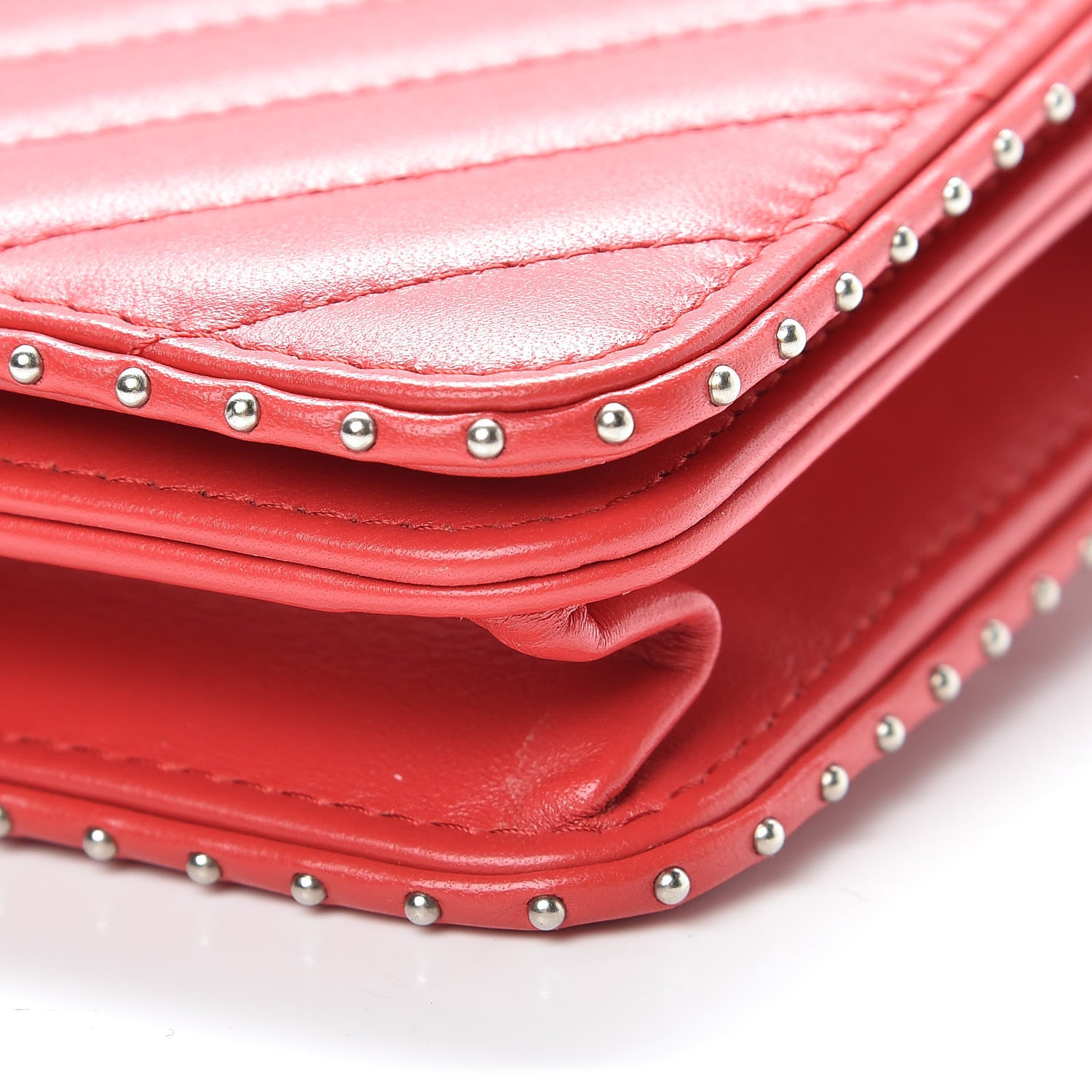 Chanel Lambskin Chevron Quilted Studded Wallet On Chain WOC Light Red 11 of 15