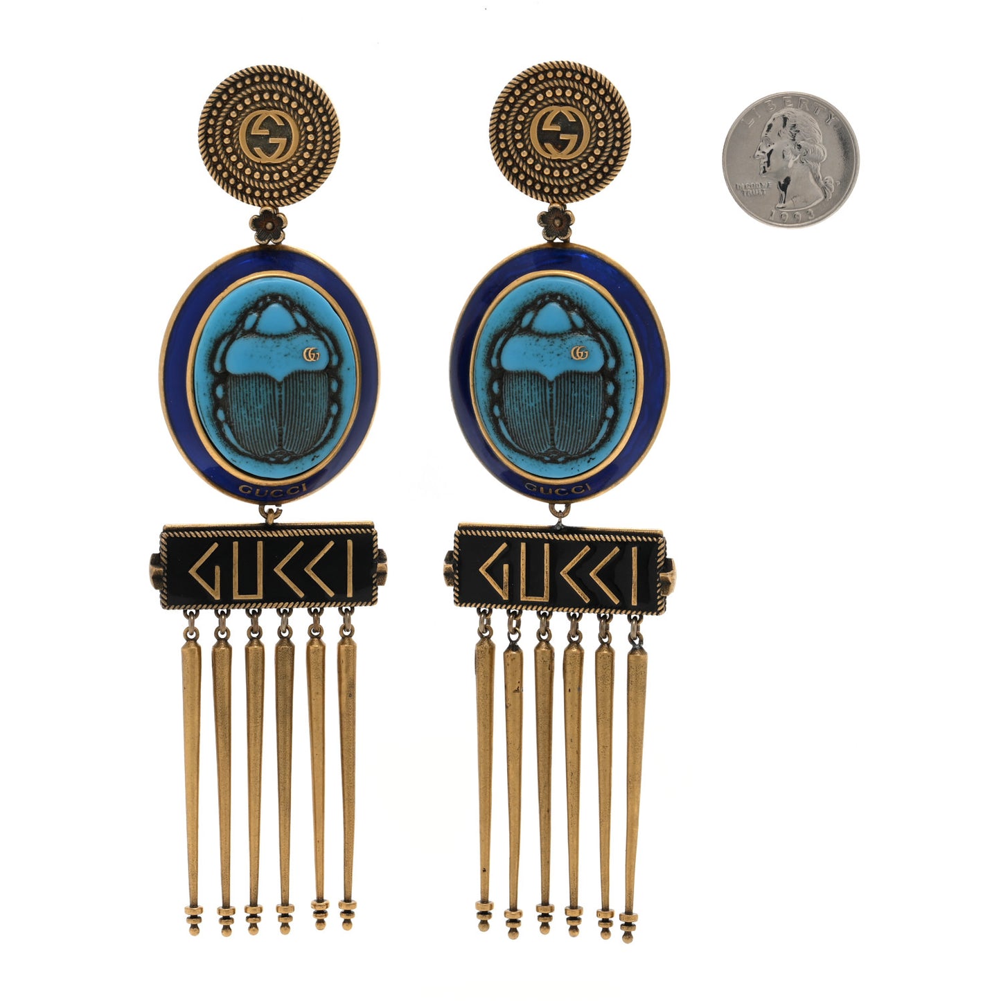 Metal GG Scarab Tassel Drop Clip Earrings