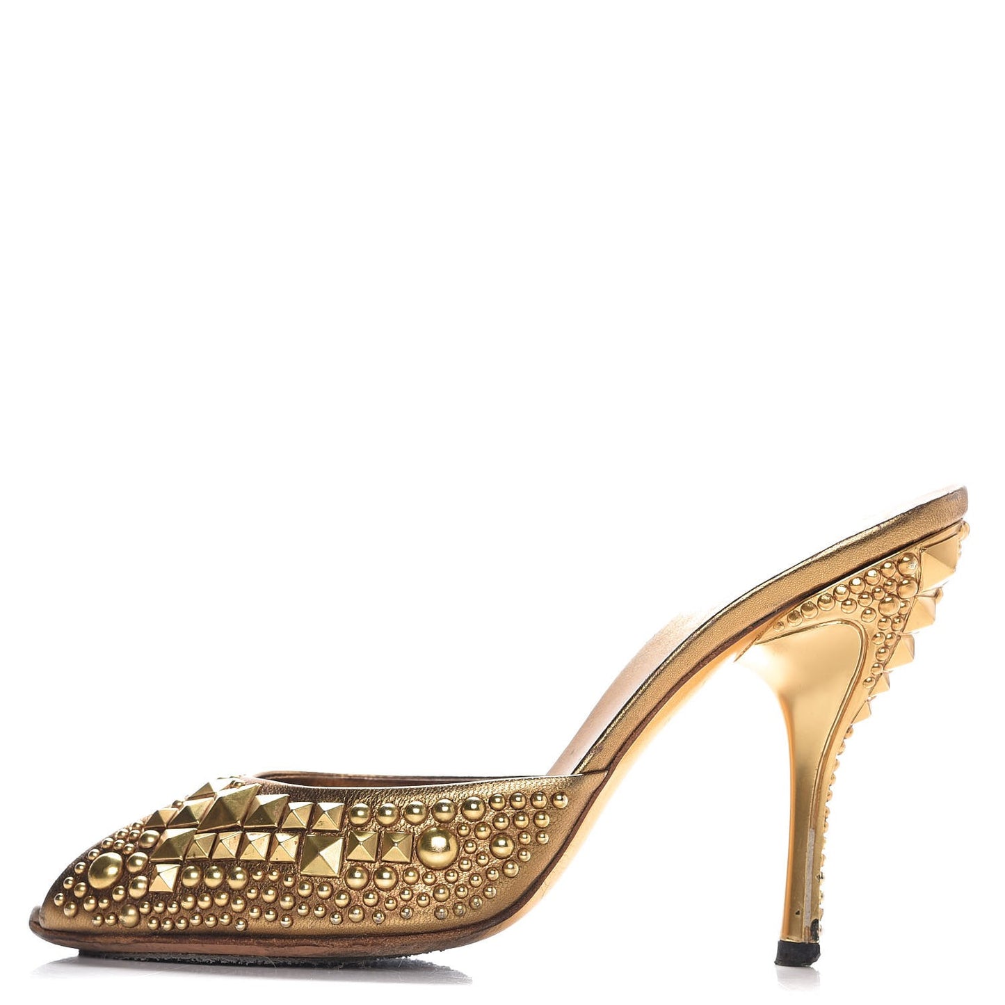 Calfskin Studded Peep Toe Mules 6.5 Gold