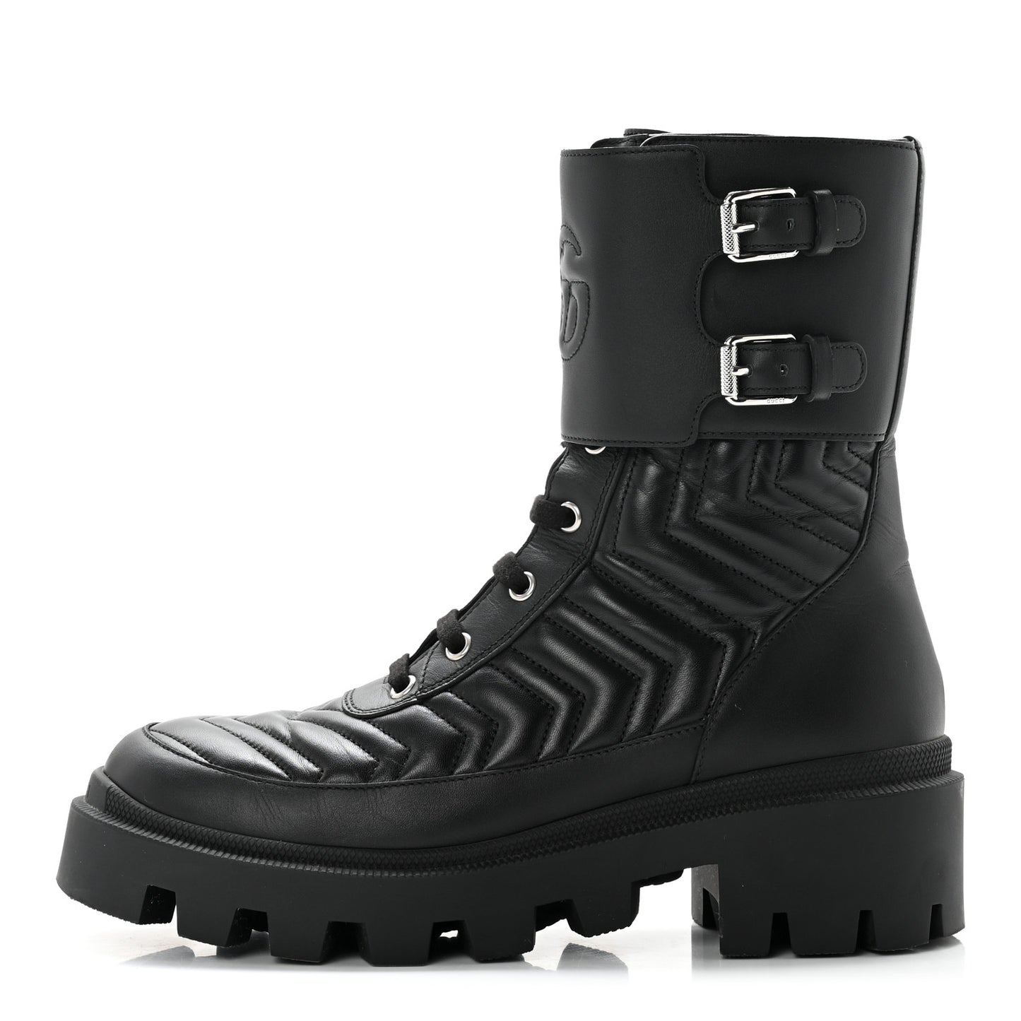 Nappa Frances GG Matelasse Platform Combat Boots 38 Black