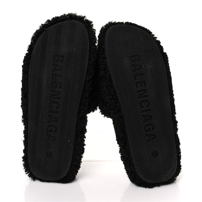 Balenciaga Faux Shearling Political Campaign Logo Slide Sandals 41 Black White Red 5 of 6