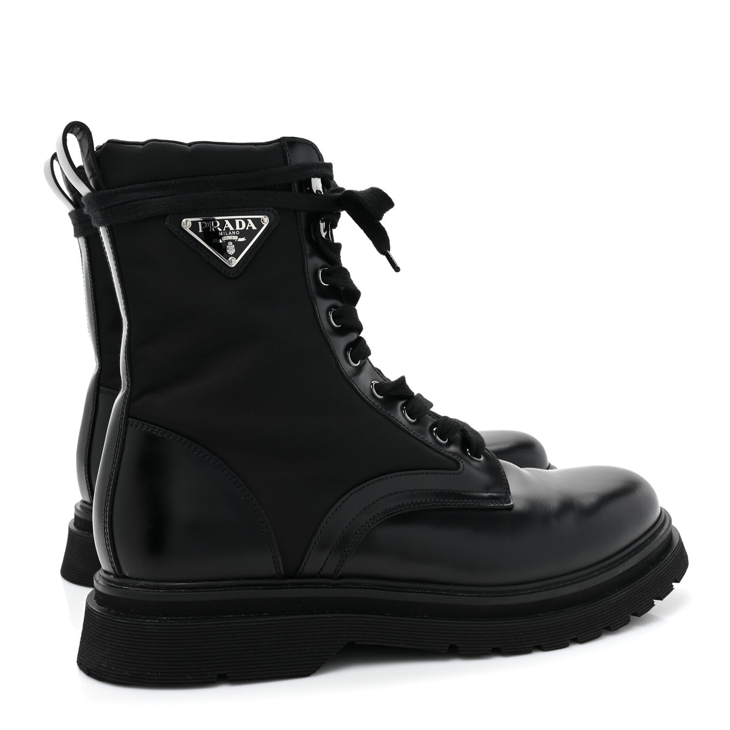 Prada Spazzolato Rois Re-Nylon Metal Triangle Logo Mens 40mm Combat Boots 9.5 Black 4 of 13