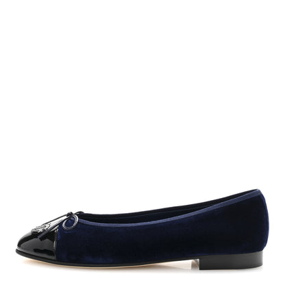 Chanel Velvet Patent Calfskin Cap Toe Ballerina Flats 37.5 Navy Black 1 of 10