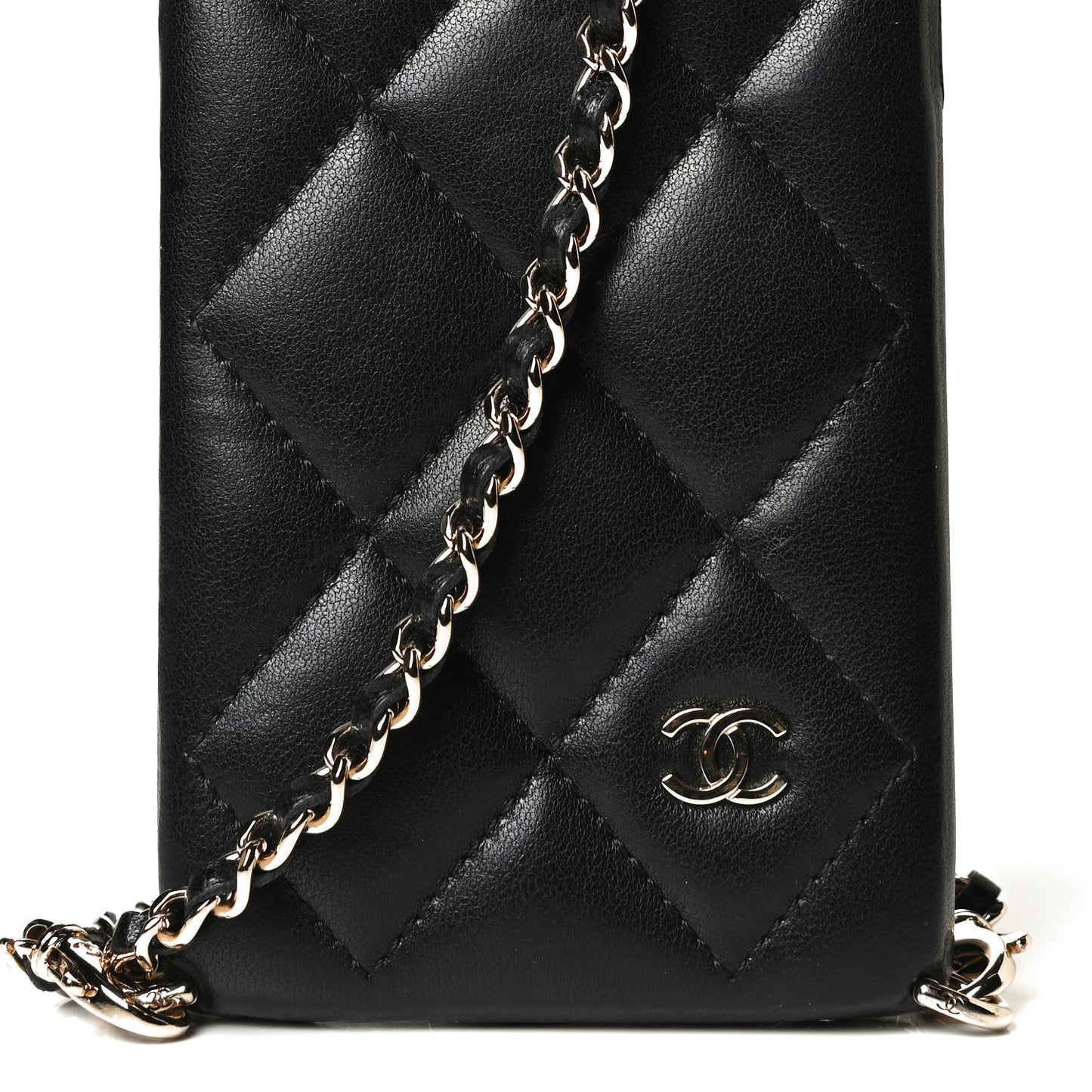 Lambskin Quilted Camellia Bow iPhone XII Pro Holder With Chain Black