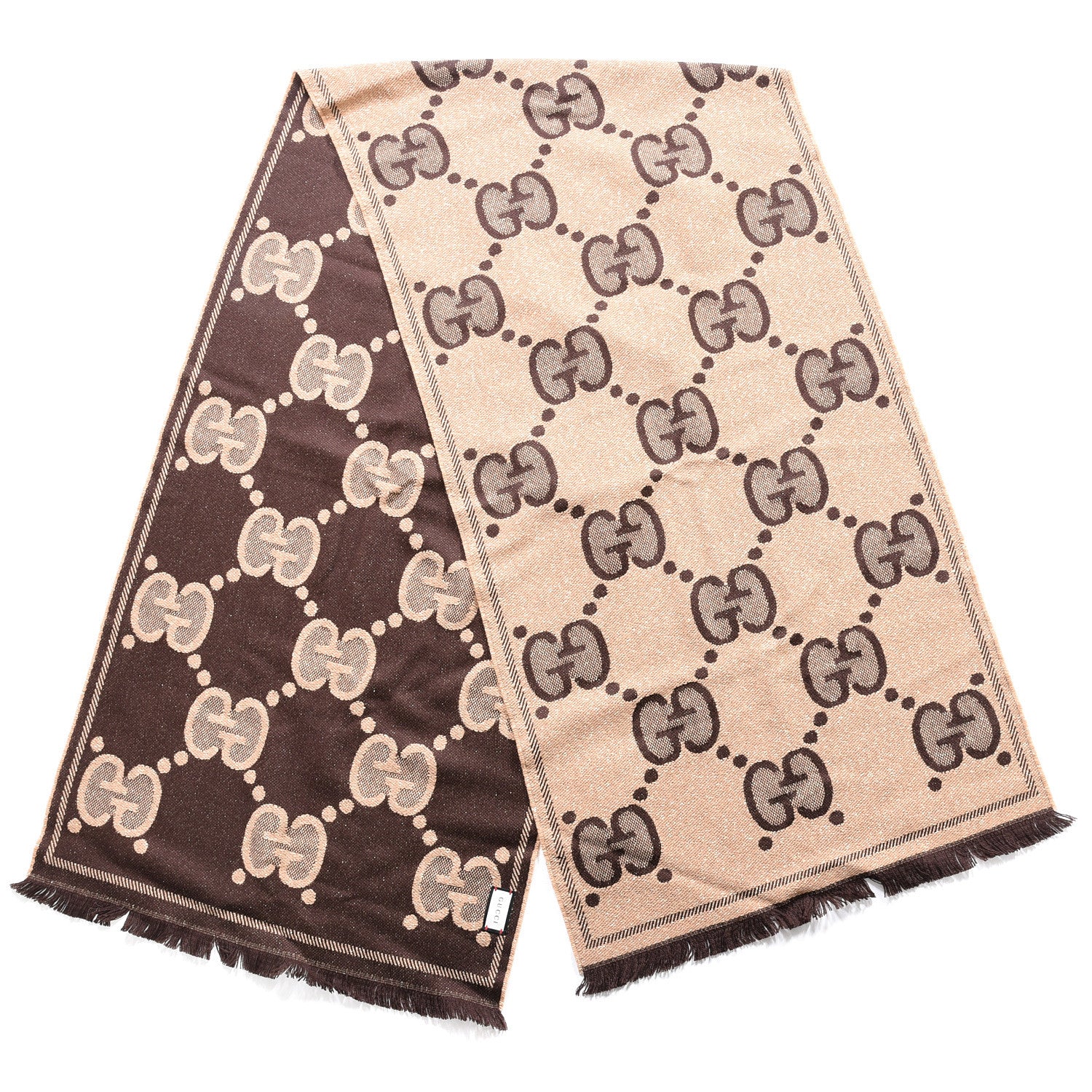 Gucci Wool Lame Jacquard Monogram Jumbo GG Lady Nest Lux Scarf Beige Dark Brown 2 of 4