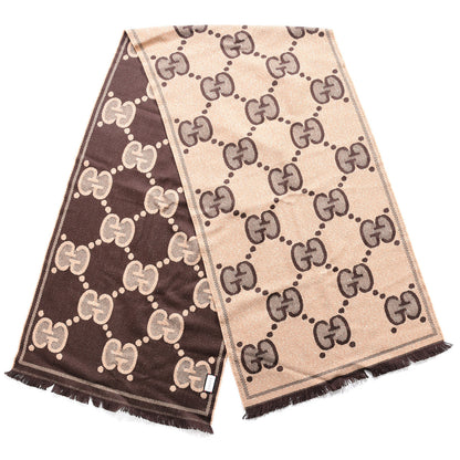 Gucci Wool Lame Jacquard Monogram Jumbo GG Lady Nest Lux Scarf Beige Dark Brown 2 of 4