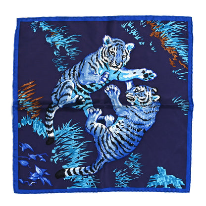 Hermes Silk Les Tigreaux Pocket Square Bleu Klein Encre Turquoise 1 of 4