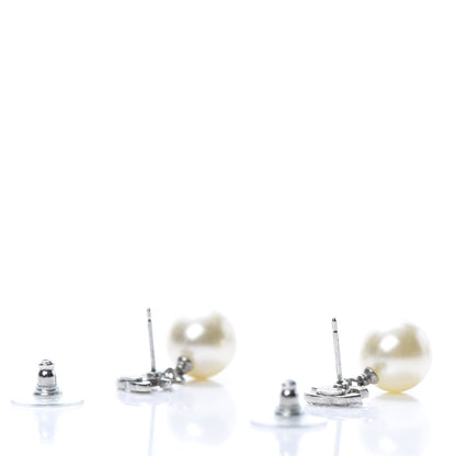 Chanel Crystal Pearl CC Drop Earrings Silver Pearly White 3 of 5