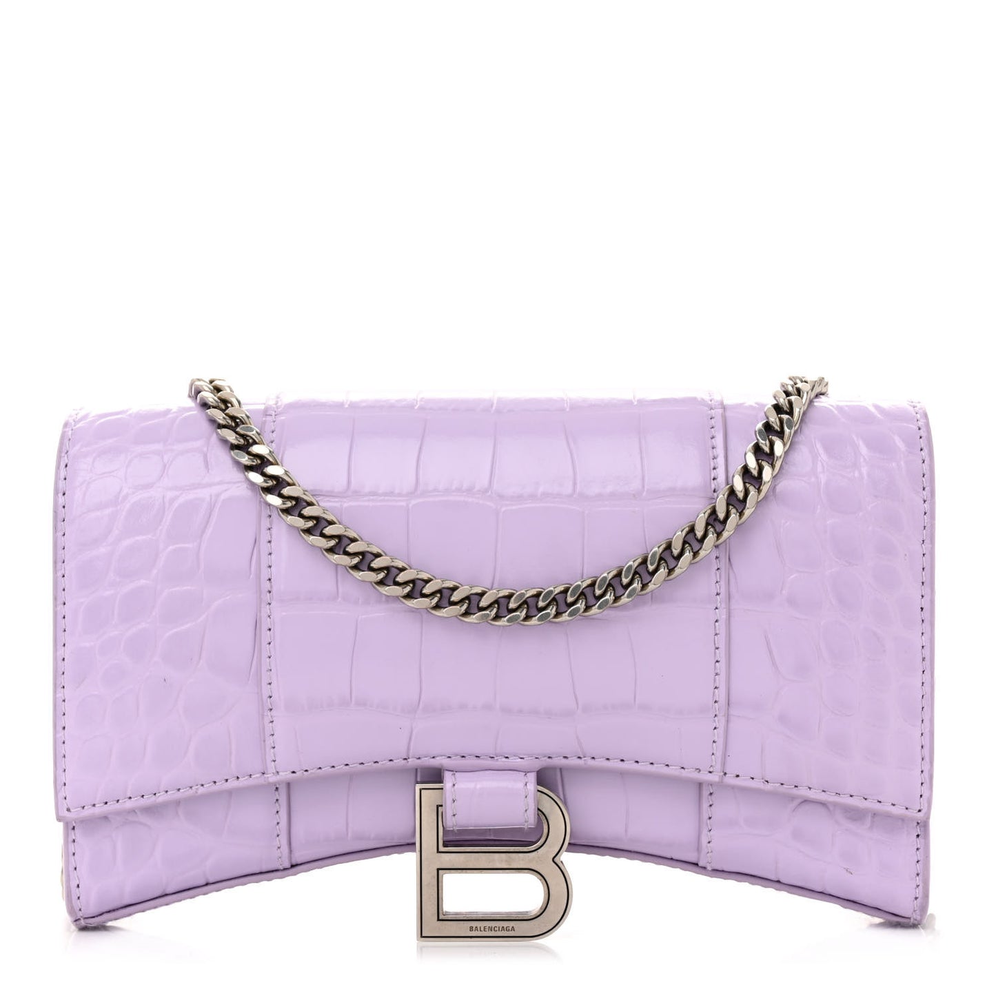 Shiny Calfskin Crocodile Embossed Hourglass Chain Bag Lilac
