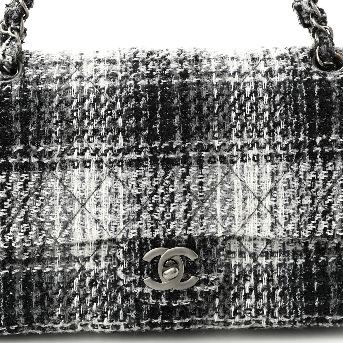 Tweed Quilted Medium Double Flap Beige White Black