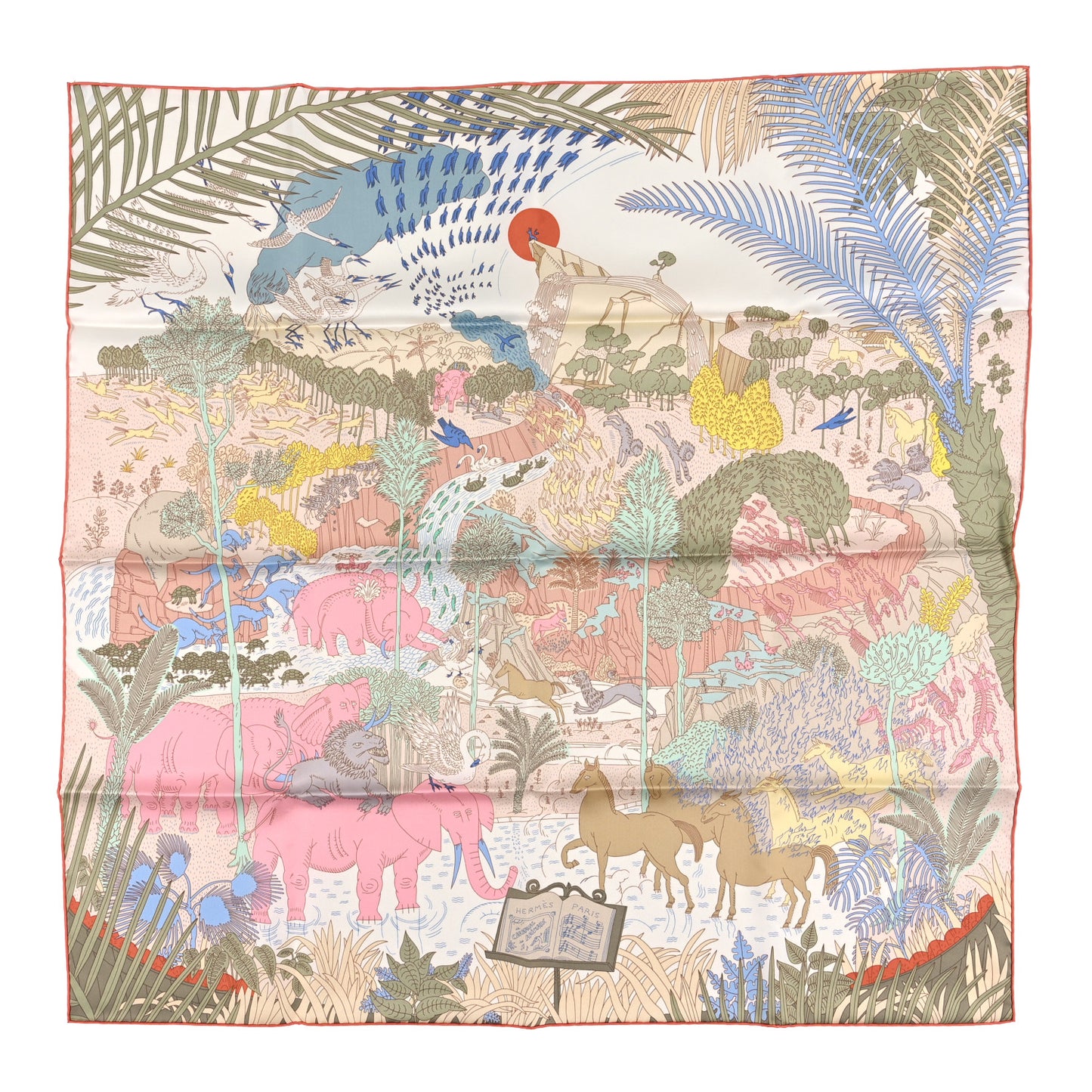 Silk Le Carnaval des Animaux Scarf 90 Bleu Pale Rose Beige