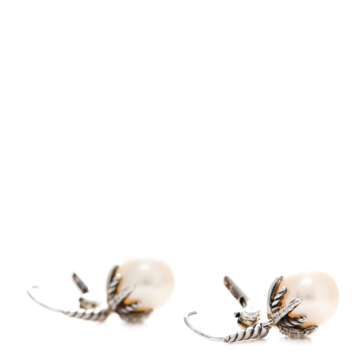 David Yurman Sterling Silver Diamond 9.5mm Pearl Starburst Drop Earrings 3 of 4