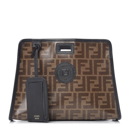 Fendi Glazed Fabric Vitello Century FF 1974 Stamp Patch Mini Peekaboo Defender Cover Mogano Panna Black 1 of 8