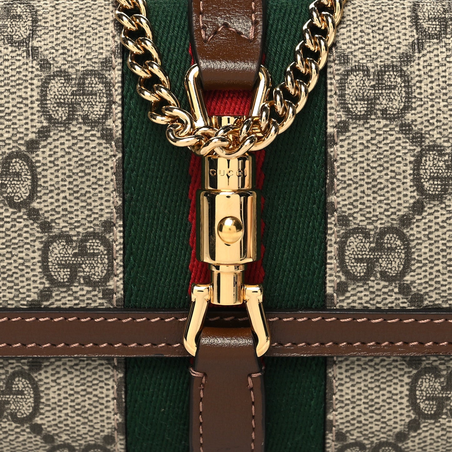 GG Supreme Monogram Azalea Calfskin Web Jackie 1961 Chain Wallet Beige Ebony Brown Sugar