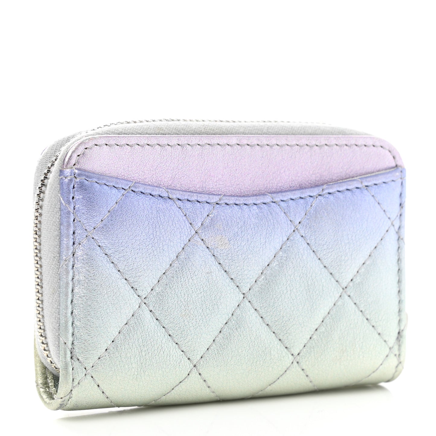 Gradient Metallic Calfskin Quilted Zip Around Coin Purse Wallet Silver Blue Yellow Purple