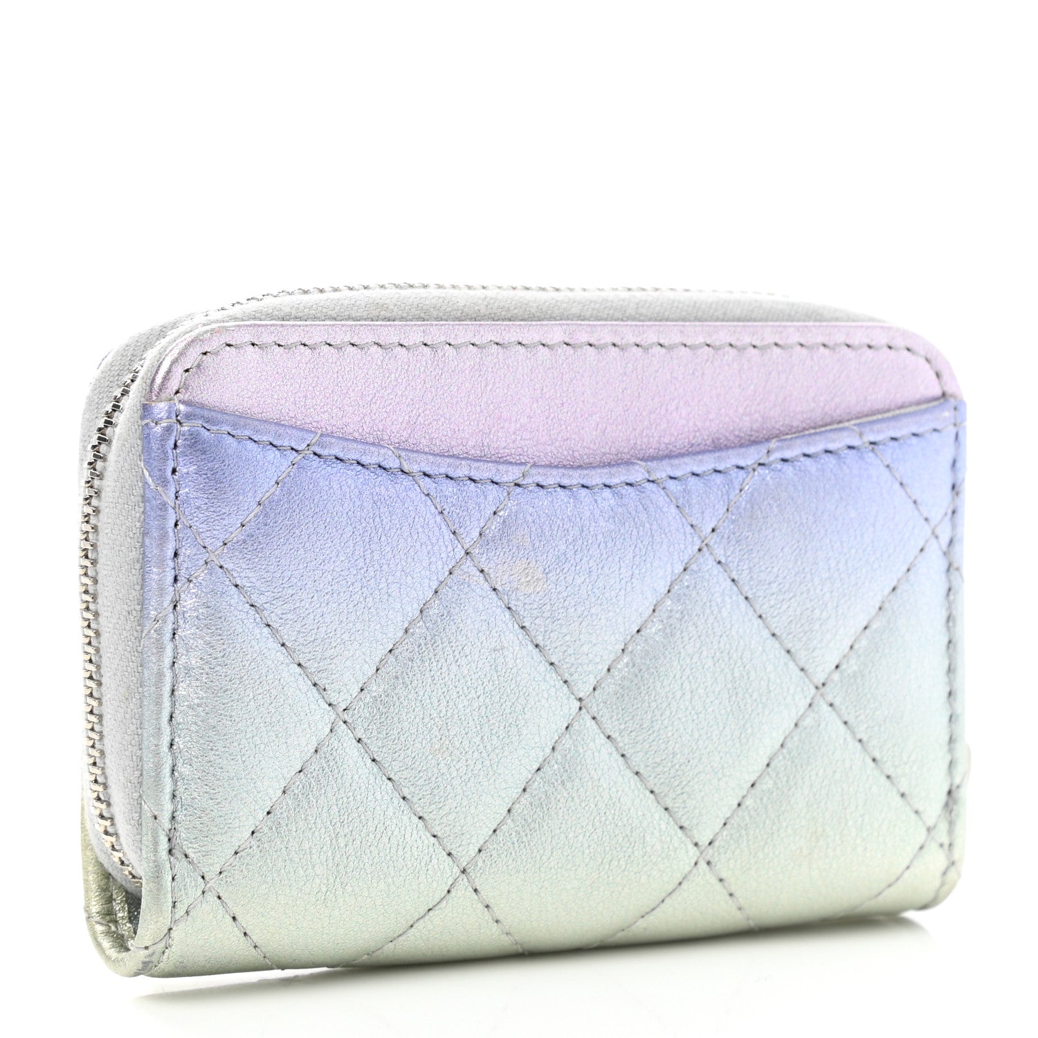 Chanel Gradient Metallic Calfskin Quilted Zip Around Coin Purse Wallet Silver Blue Yellow Purple 3 of 7