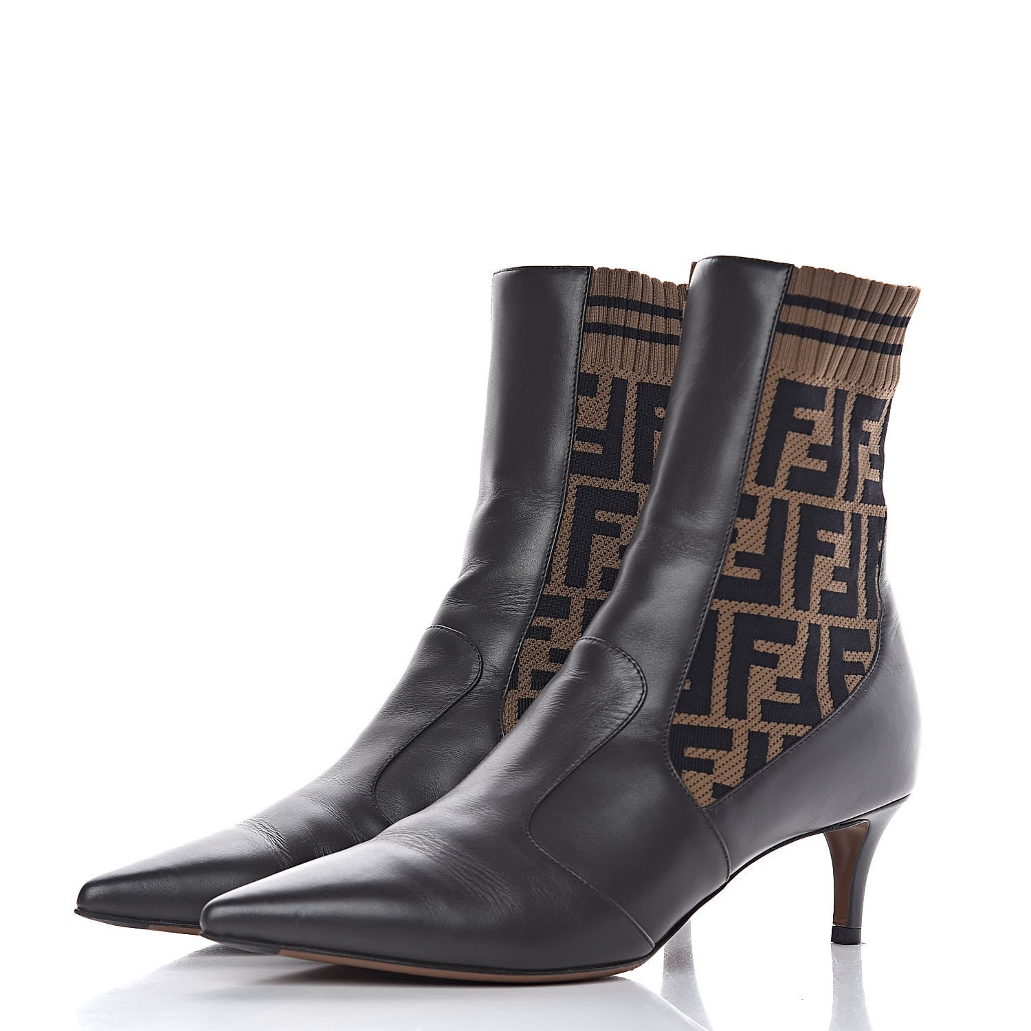Fendi Vitellino Microfiber Fabric FF Rockoko Low Heel Sock Boots 38.5 Ebano Tobacco Black 3 of 11