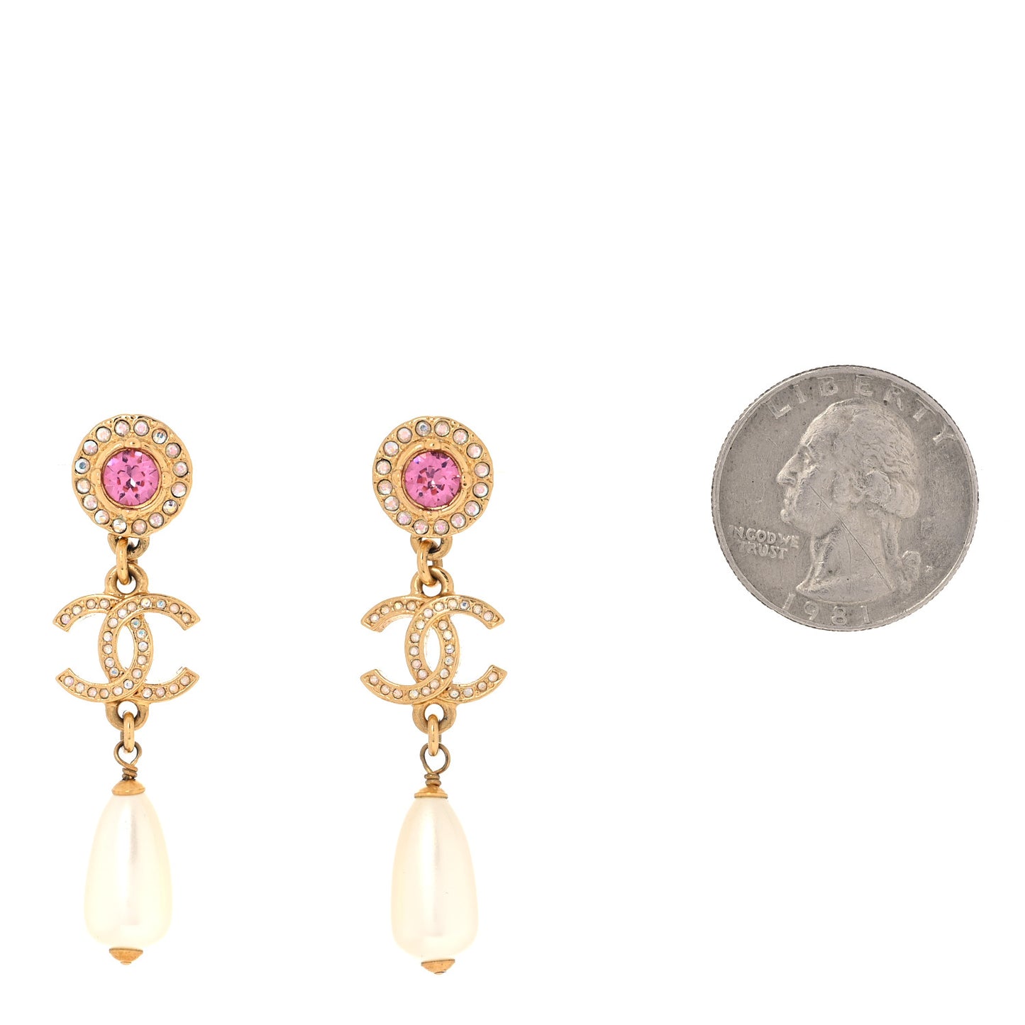 Metal Crystal Pearl CC Drop Earrings Gold Pink White