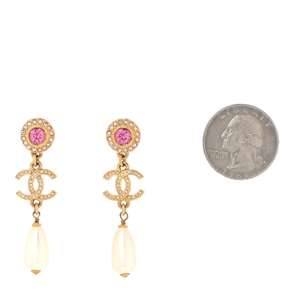 Chanel Metal Crystal Pearl CC Drop Earrings Gold Pink White 2 of 6