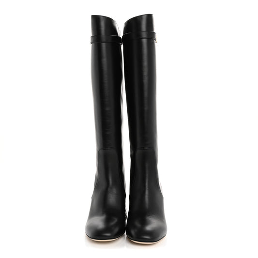 Calfskin Knee High Promenade Block Heel Boots 36 Black