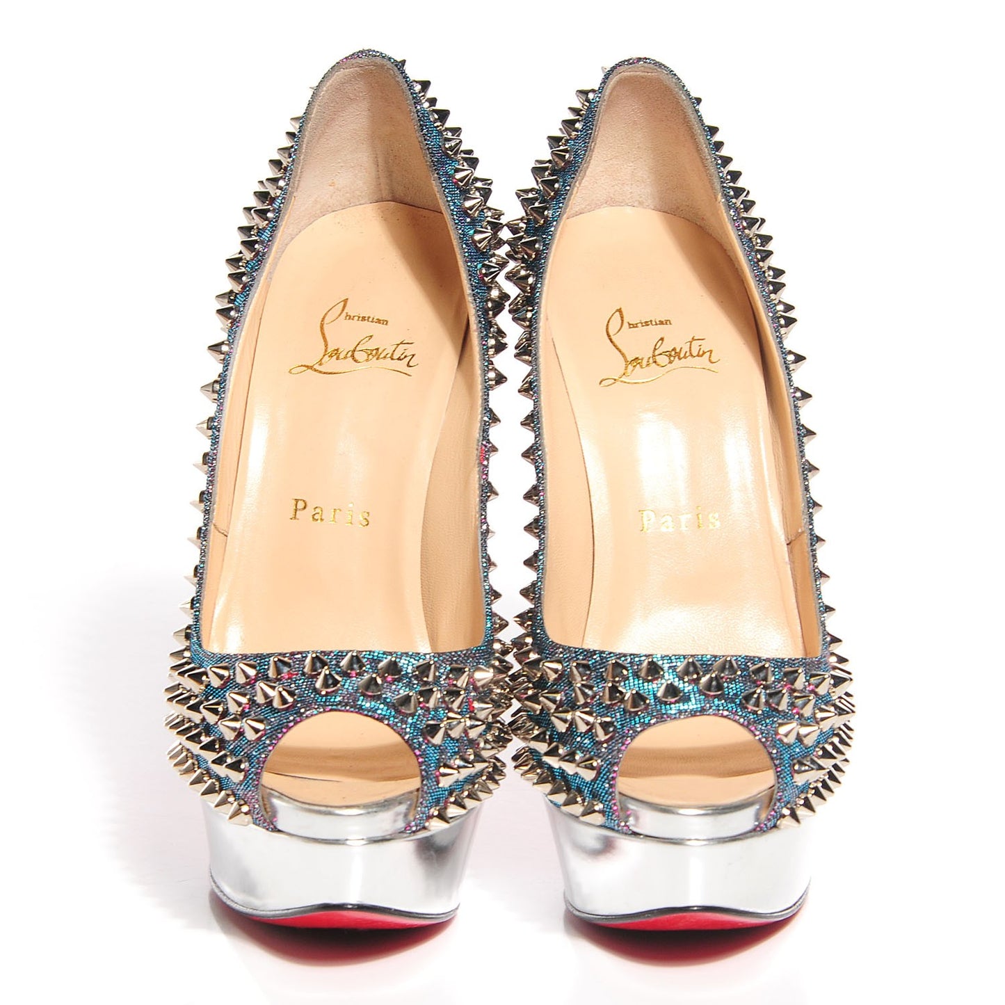 Lame Satin Lady Peep Spikes 150 Pumps 37 Turquoise Violet Silver