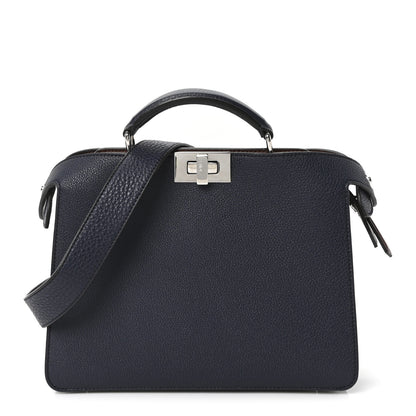 Fendi Cuoio Romano Vitello Cover Glazed Fabric Bi-Color FF 1974 Mini Peekaboo I SEE U Satchel Blue Dark Brown Tobacco Moro 1 of 9