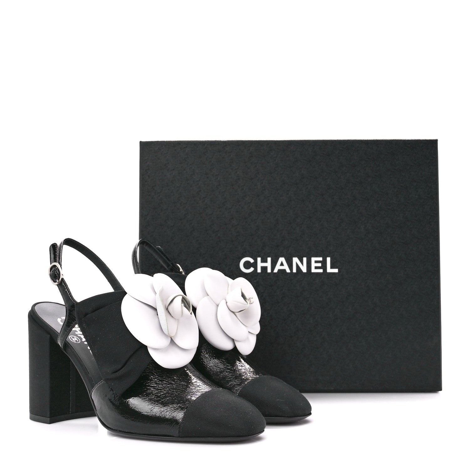 Chanel Crumpled Shiny Fabric Grosgrain Cap Toe Camellia Bow Slingback Pumps 37 Black 9 of 9