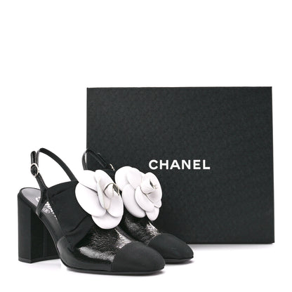Chanel Crumpled Shiny Fabric Grosgrain Cap Toe Camellia Bow Slingback Pumps 37 Black 9 of 9