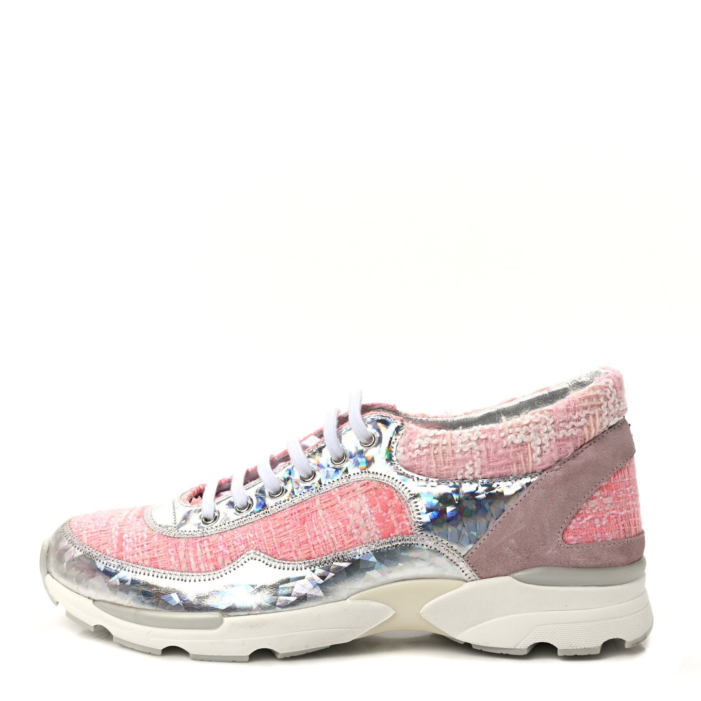 Tweed Suede Calfskin Sneakers 40 Silver Pink