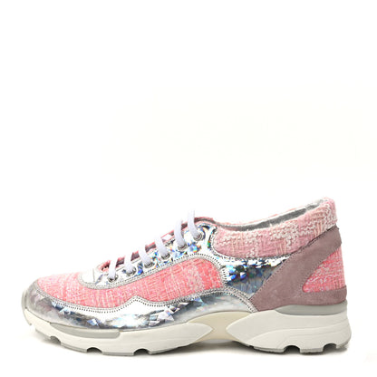 Chanel Tweed Suede Calfskin Sneakers 40 Silver Pink 1 of 8
