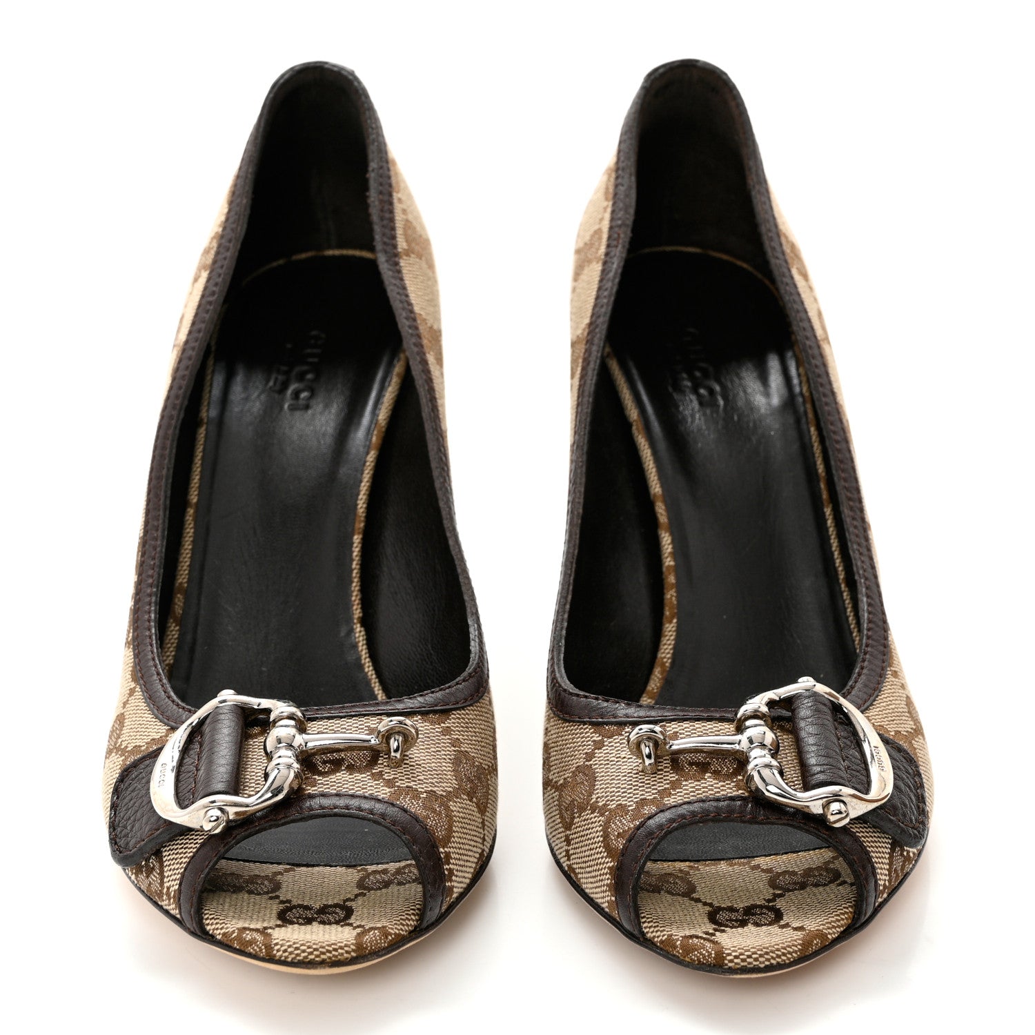 Gucci Monogram Horsebit Horsebit Open Toe Pumps 39 Brown 2 of 10