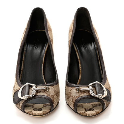 Gucci Monogram Horsebit Horsebit Open Toe Pumps 39 Brown 2 of 10