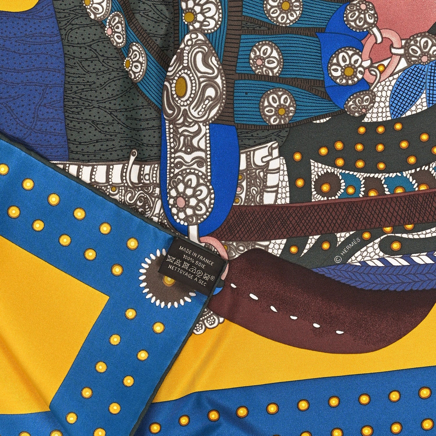 Hermes Silk Selle De Dignitaire Scarf 90 Jaune Vif Marine 3 of 3