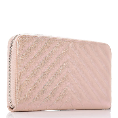 Chanel Metallic Caviar Chevron Quilted Large Gusset Zip Around Wallet Light Gold 3 of 11